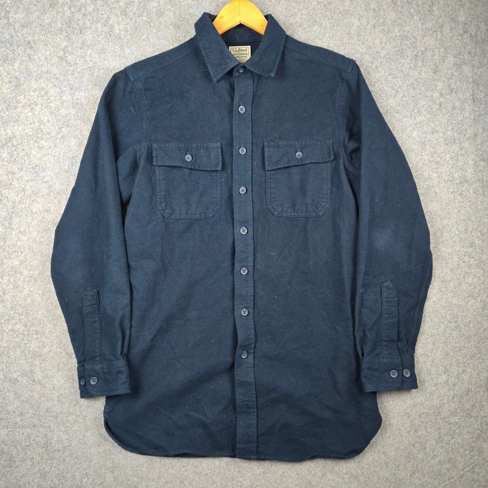 LL Bean Chamois Flannel Shirt Mens M Tall Navy Blue Fitted Cotton Workwear
